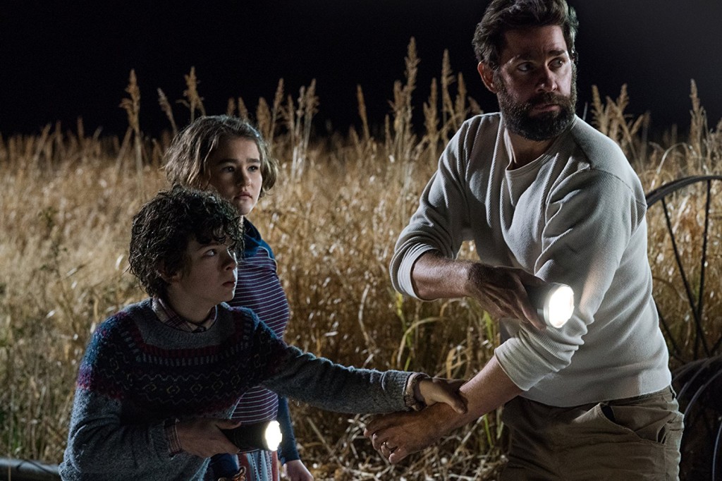 John Krasinski, Noah Jupe and Millicent Simmonds in 'A Quiet Place' (photo: Paramount Pictures)