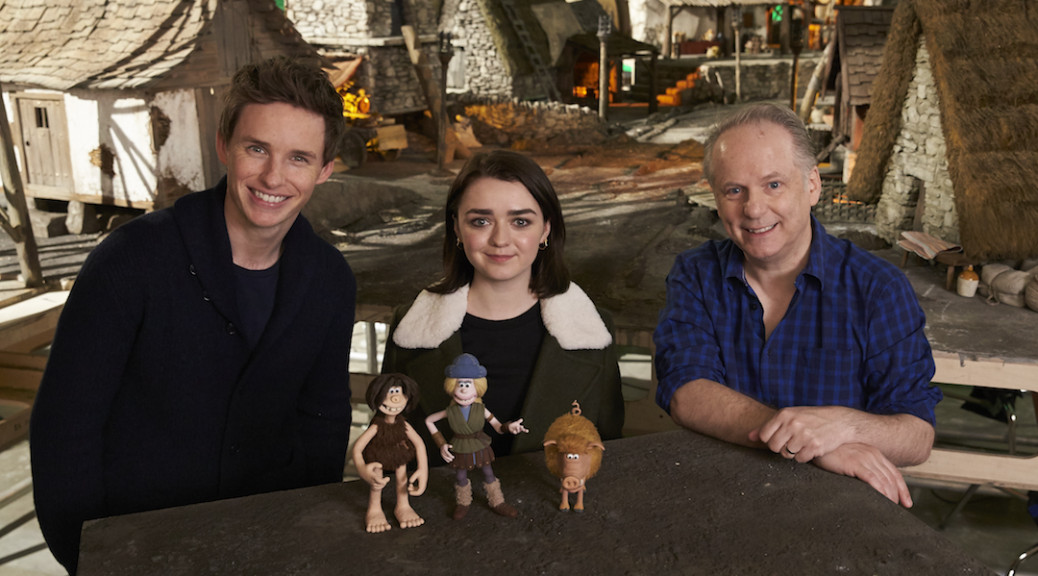 Eddie Redmayne, Maisie Williams and Nick Park on the set of "Early Man" (photo - Lionsgate)